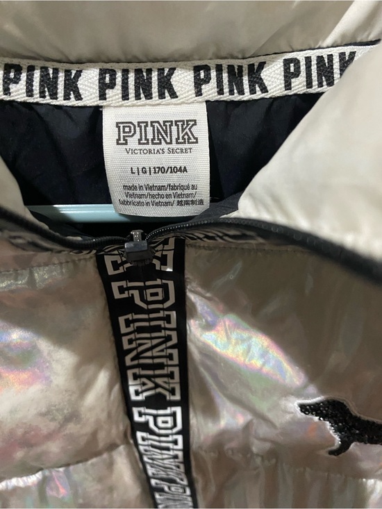 PINK Victoria's Secret Jackets & Blazers - PINK Victoria's Secret Iridescent Silver Bomber Jacket with Black Trim